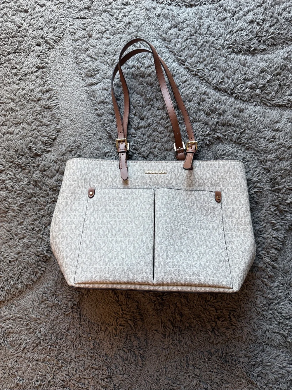 Michael Kors Cream Logo Tote with Brown Straps